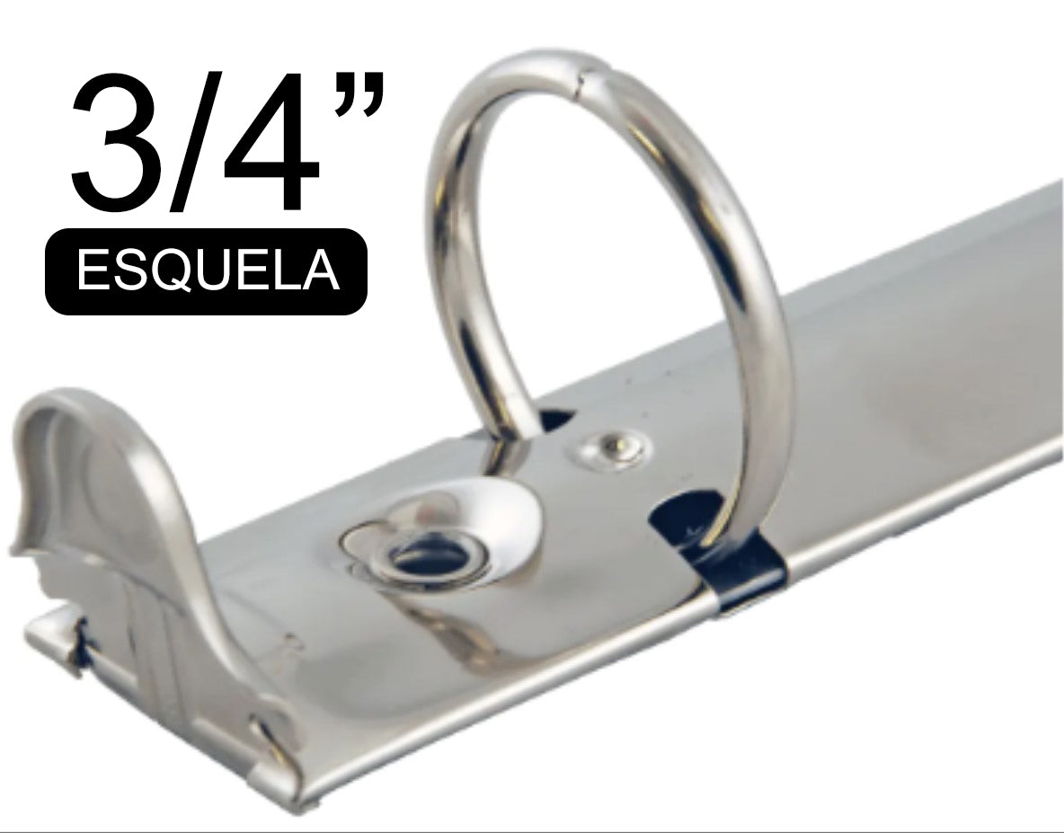 Herraje tamaño esquela de 216 mm con tres argollas circulares de 3/4 de pulgada de diámetro, con palancas, base de 20 mm, y acabado níquel. Herraje tamaño esquela de 216 mm con tres argollas circulares de 3/4 de pulgada de diámetro, con palancas, base de 20 mm, y acabado níquel.